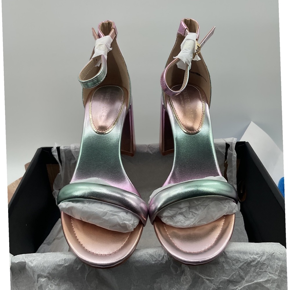 Kenneth Cole New York Riley 85 Ombre Metallic Block Heel Sandals Pink Green 9M